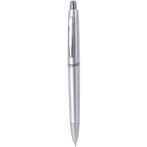 A silver plastic pen with a shiny clip and a sleek design, featuring a branding logo.