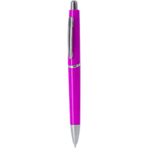 A plastic pen in vibrant pink with a silver clip and tip, featuring a branding logo.