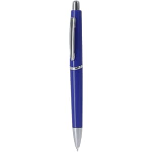 A blue plastic pen with a shiny silver clip and tip, featuring a branding logo.