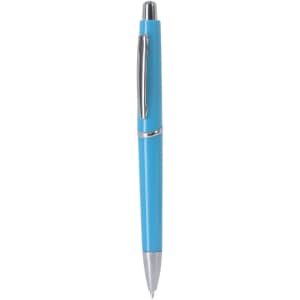 A blue plastic pen with a silver clip and tip, featuring a simple design and branding.