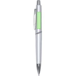 A plastic pen featuring a silver body with a green accent and a clip for easy attachment.