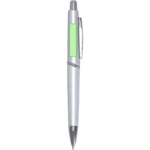 A plastic pen with a silver body and green accent, featuring a clip and a standard ballpoint tip.