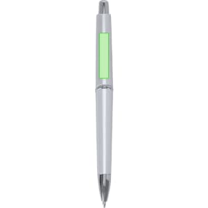 A plastic pen in a sleek white design with a green section in the middle and a shiny chrome tip.