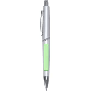 A plastic pen in white with a green accent and a silver clip. Features a logo on the barrel.