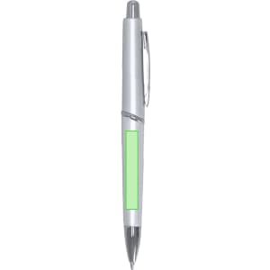 A plastic pen in silver with a green accent and chrome trim. The pen features a clip and branding on the barrel.