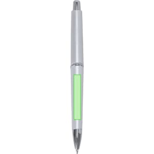 A silver plastic pen with a green accent and a logo on the barrel.
