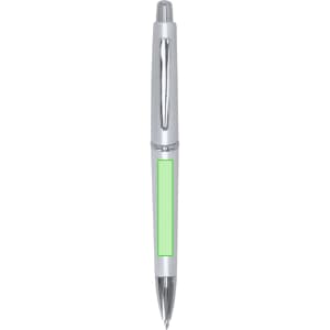 A plastic pen with a white body and green accent, featuring a shiny silver clip and tip.