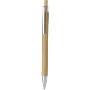 A wooden pen featuring a natural bamboo barrel and a silver clip. It has a sleek, modern design.