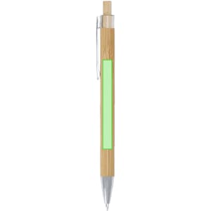 A wooden pen with a bamboo body, silver accents, and a green section for customisation. It features a clip and branding.