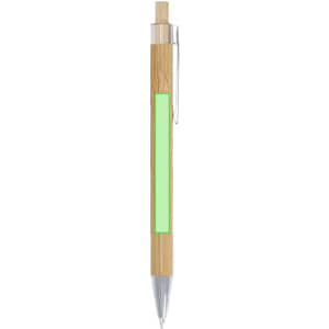 A wooden pen with a bamboo body, clear clip, and a green accent panel.