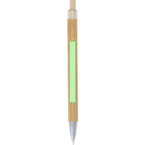 A wooden pen with a natural finish and a silver tip, featuring a green section for branding.