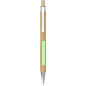 A wooden pen with a bamboo body, silver accents, and a green section for branding.