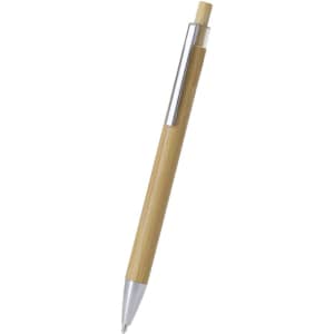 A wooden pen with a bamboo barrel and silver accents, featuring a clip and a smooth writing tip.