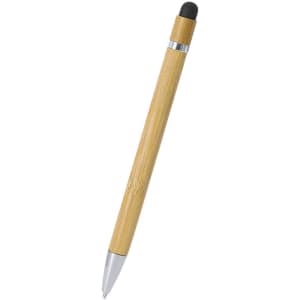 A bamboo stylus touch ball pen with a black tip and silver accents, featuring a branding logo.