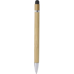 A bamboo ballpoint pen with a stylus tip and silver accents. It features a branding logo on the barrel.
