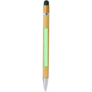 A bamboo stylus touch ball pen with a green accent and a black tip, featuring a logo on the barrel.