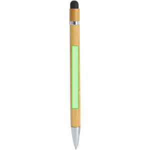 A bamboo stylus touch ball pen with a silver clip and a black tip, featuring a branding area.