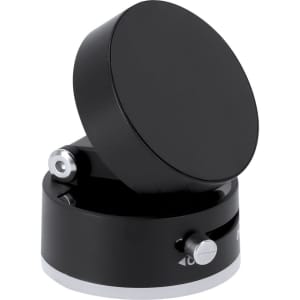 A black car phone holder with a circular top and adjustable base, featuring a sleek metallic finish.