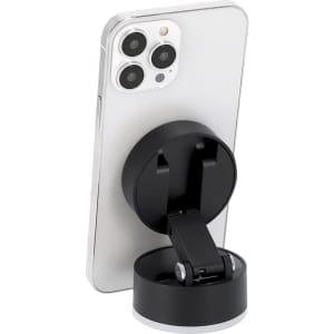 A black phone holder attaches to a smartphone, featuring an adjustable base for stability.