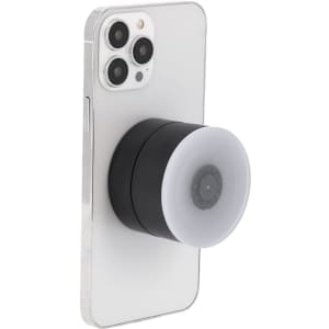 A black and white car phone holder attached to the back of a smartphone. The holder features a circular design.