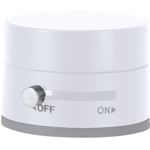 A white, round device with a grey base and a dial for turning it on or off, featuring minimal design.