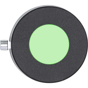 A circular black phone holder with a green centre and a silver attachment. It features a logo on the surface.