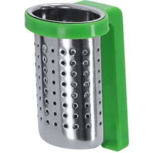 A steel tea infuser with a green silicone handle, featuring small holes for brewing tea.