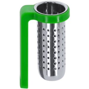 A tea infuser with a metallic body and a green silicone handle, designed for brewing loose tea leaves.