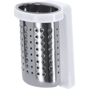 A tea infuser with a stainless steel perforated body and a white plastic holder. It has a sleek, modern design.