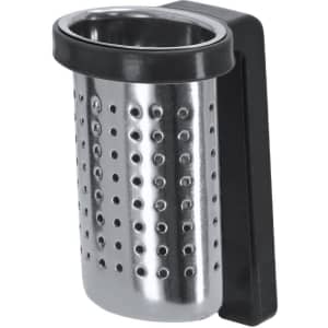 A stainless steel tea infuser with a black handle for easy grip and a perforated design for steeping tea.