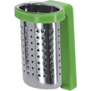A tea infuser with a stainless steel body and a green silicone handle for easy gripping. It features small perforations for steeping.