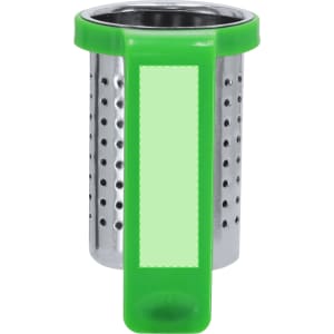 A drink bottle infuser with a stainless steel body and green silicone accents for steeping tea or fruit.