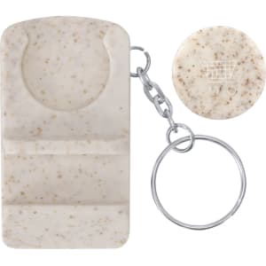 A keyring with a speckled white design featuring a holder and a detachable coin, attached with a silver chain.