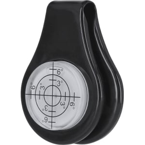 A black golf ball marker with a leveler feature, designed with a clear circular section and measurement markings.