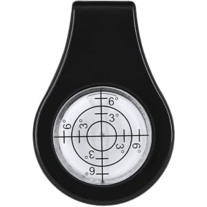 A black golf ball marker with a leveler and a circular level display featuring degree markings.