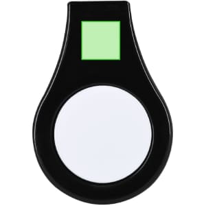 A black golf ball marker with a leveler feature and a green accent. The marker has a circular, white area.