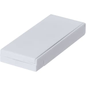 A white sewing kit with a sleek, rectangular design, featuring a hinged opening. It has a logo on the exterior.