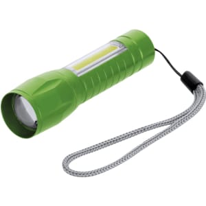 A green torch with a textured grip and a wrist strap, featuring a light emitting area and a compact design.