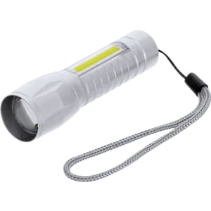 A silver torch with a textured grip, featuring a strap and a bright white light. It has a logo on the side.