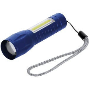 A blue torch with a textured body and a wrist strap, featuring a bright light panel and a focused beam.