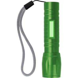 A green torch with a textured body and a wrist strap, featuring a sleek design.