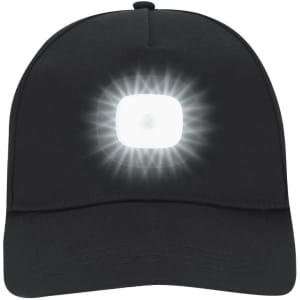 A black cap featuring a central white light with radiating patterns. It includes a logo on the front.