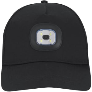 A black cap featuring a light on the front, ideal for hands-free illumination. It has a logo on the side.