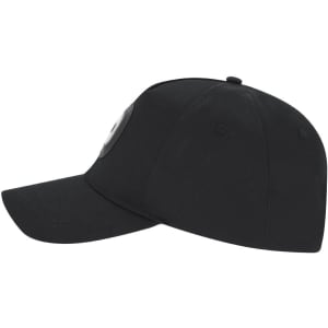 A black cap with a rounded peak and a logo on the front.