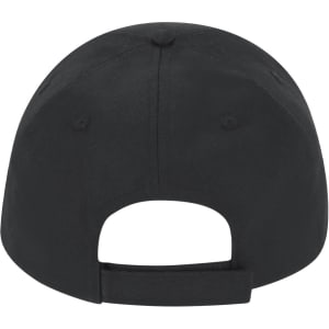 A black cap featuring a flat brim and adjustable strap at the back. The cap has a logo on it.