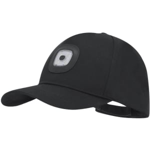 A black cap with a round front light and an adjustable strap at the back. Features a logo on the front.