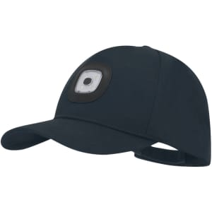 A navy cap featuring a light on the front. It has an adjustable strap at the back and a logo.