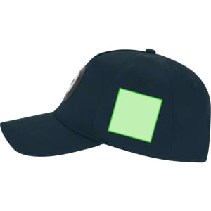 A dark navy cap featuring a circular design and a blank square area for customisation.
