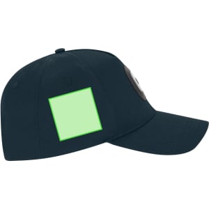 A navy cap featuring a round logo and a blank square area for customization on the side.