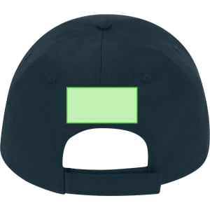 A navy cap featuring a green rectangular area on the back and an adjustable strap. Includes a logo.